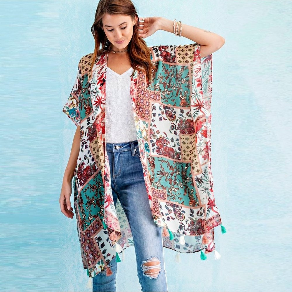 Easel Brand Kimono Beach Swim Coverup Patchwork Print Sizes S M L